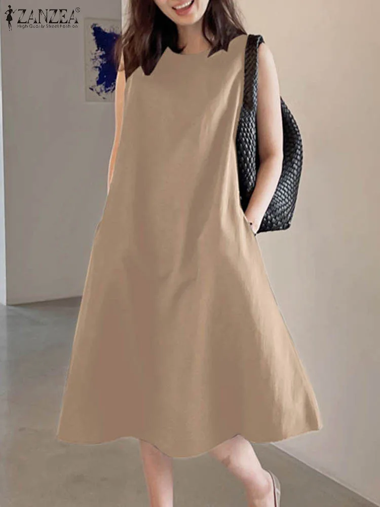 

Модель 2023 года, модное уличное платье ZANZEA, летние повседневные женские платья без рукавов, однотонный халат с круглым вырезом, элегантный пляжный сарафан большого размера