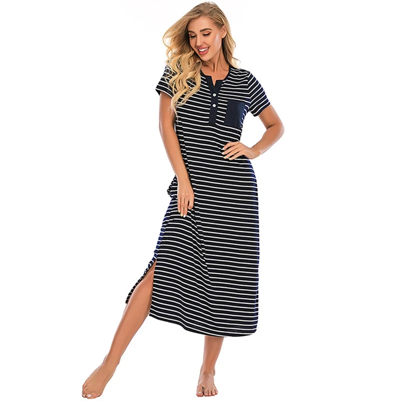 Women's Nightdress Short-sleeved Striped Nightgowns Summer Comfortable Loose Sleep Tops Women Nightwear Home Service