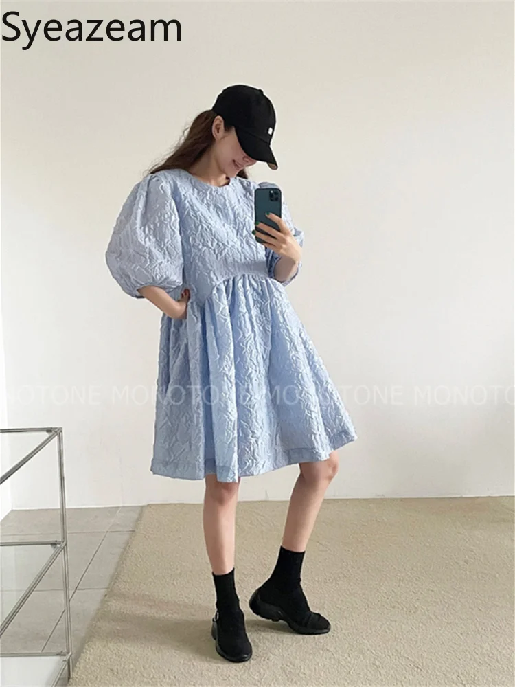 

Женское платье с круглым вырезом, свободным рукавом-фонариком