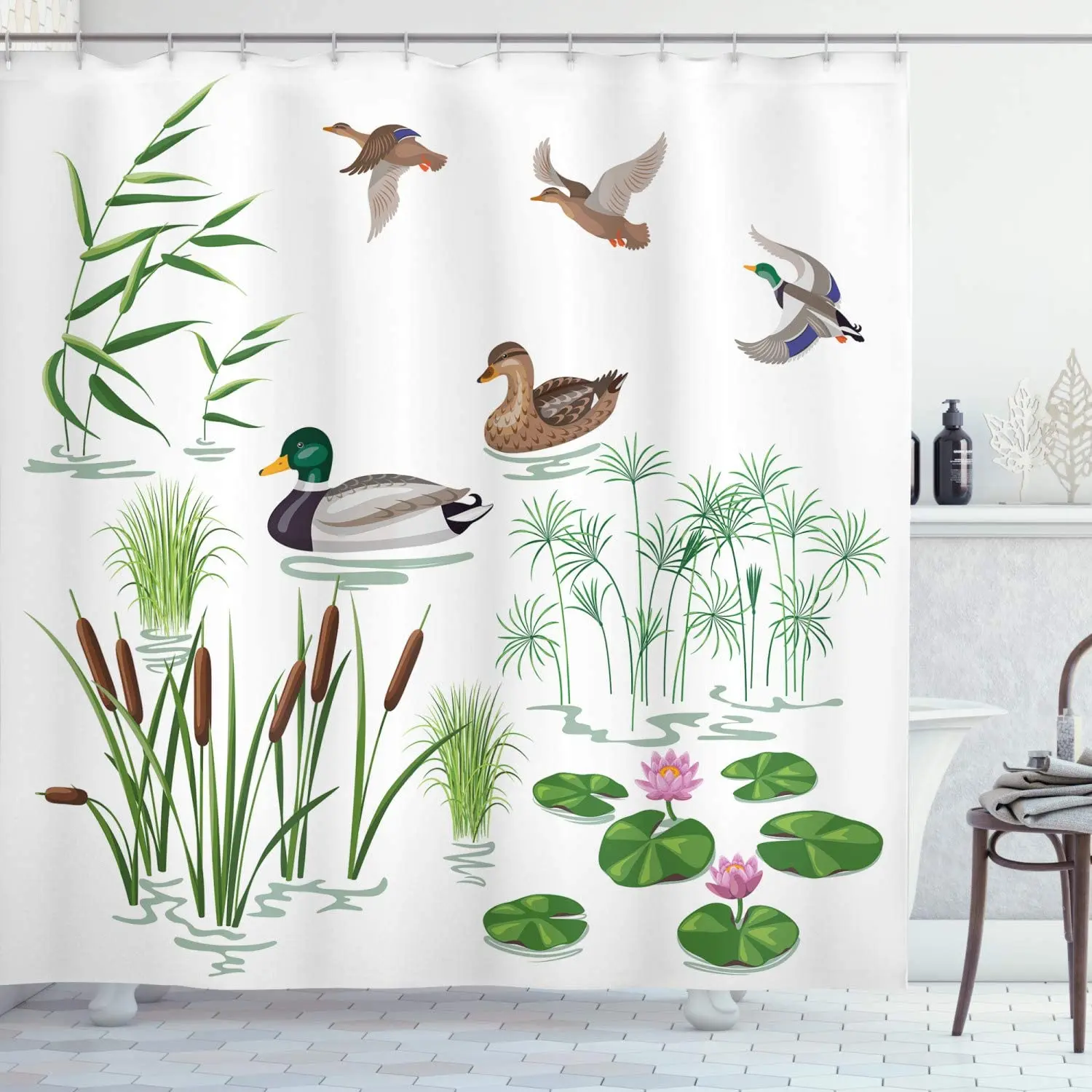 

Rubber Duck Shower Curtain, Lake Animals and Plants with Lily Flowers Reeds Cane in The Pond Nature Park, Cloth Fabric