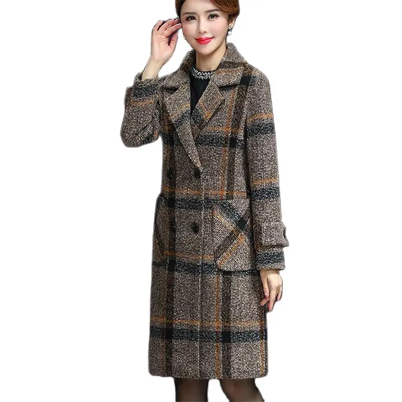 High Quality Women Woolen Coat Winter Overcoat Fashion Long Double-Breasted Woolen Windbreaker Outerwear Ladies Plaid Jacket