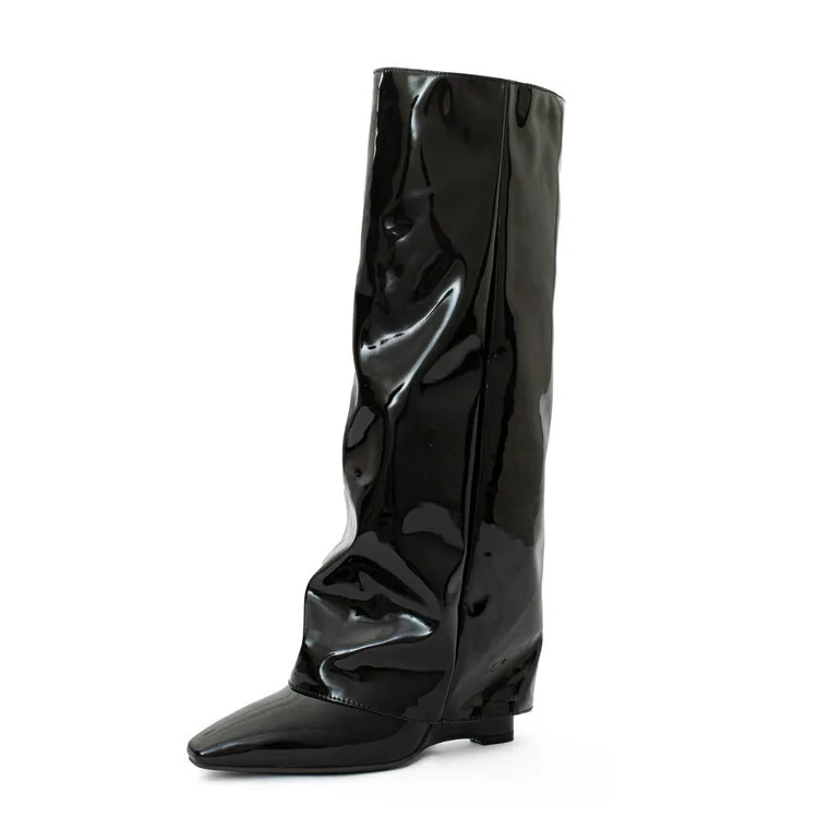 2023 Wedge High Heel Women Patent Leather Knee High Boots Winter Fashion Pointed Toe Slip On Big Size Trouser Boots