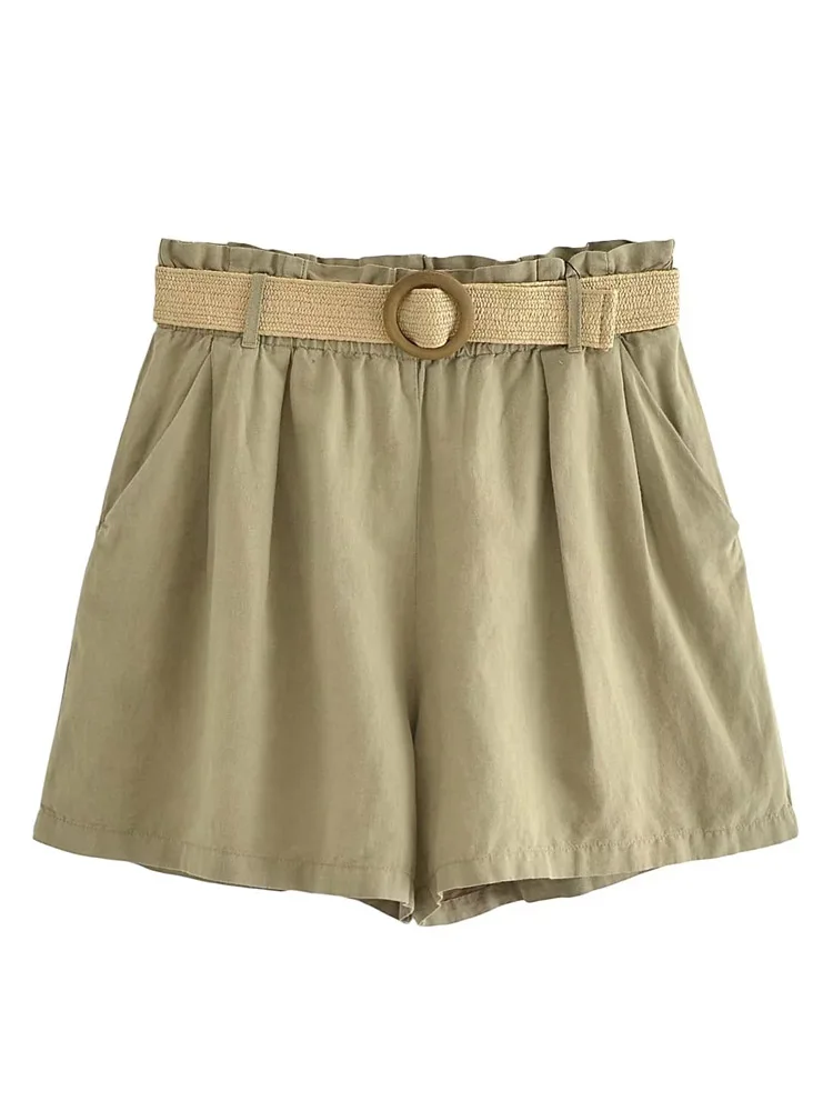 PAILETE Women 2023 fashion with belt bermuda shorts vintage high elastic waist front pockets female short pants mujer