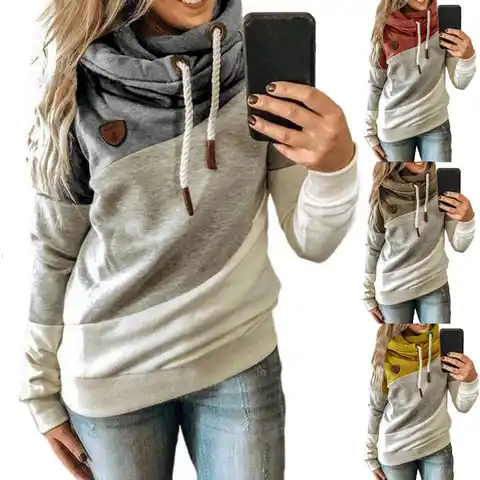 Women Hoodie Color Block Patchwork Autumn Winter Long Sleeve Drawstring Hooded Sweatshirt Pullover Tops Female Clothing 2023