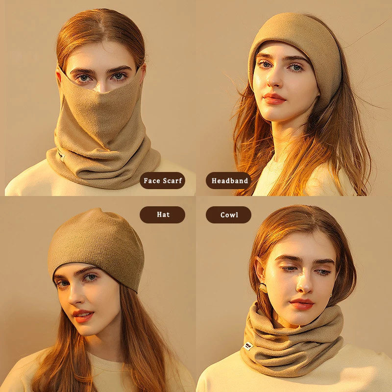 

4 In 1 Multi-purpose Snood Scarf Winter Cowl Scarf Cycling Face Scarf Soft Knitted Headband Beanie Hat