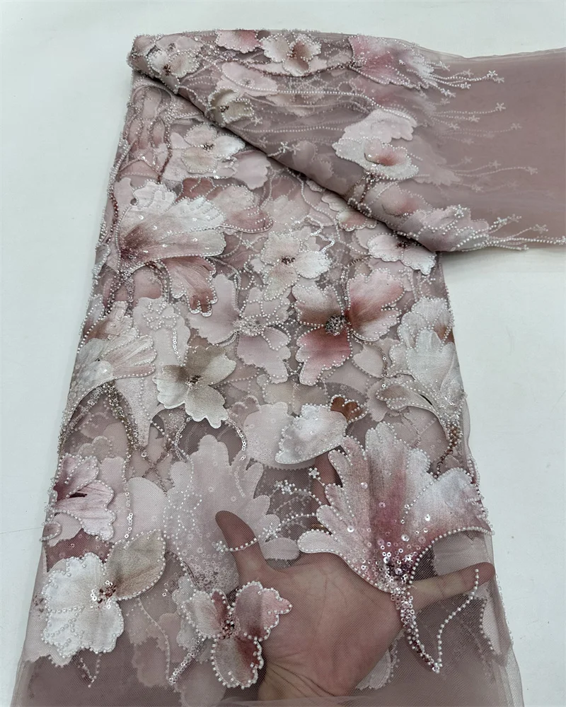 Новейшая роскошная 3D цветочная вышивка с блестками африканская кружевная ткань 5