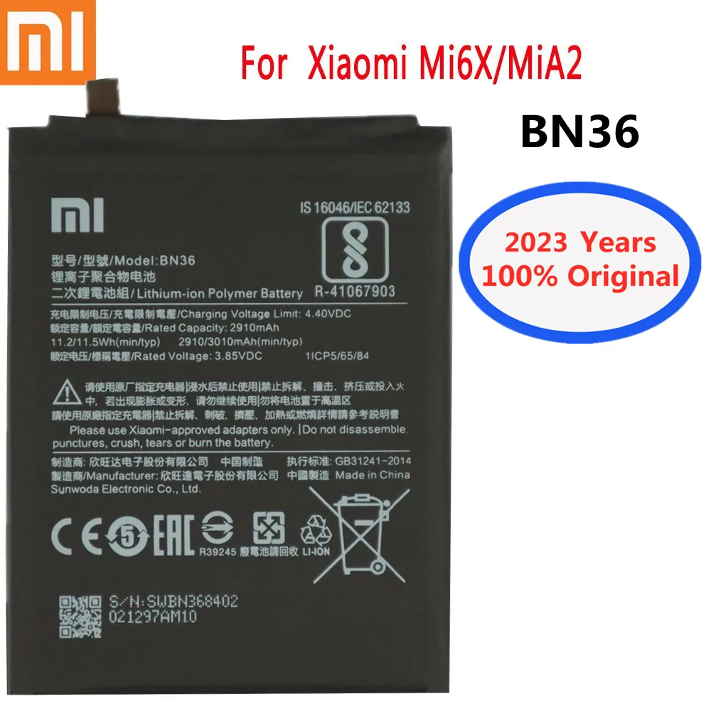 

2023 год, 3000 мАч, 100% оригинальный аккумулятор для Xiaomi Mi 6X A2 Mi6X MiA2 BN36, фотоаккумулятор с функцией отслеживания