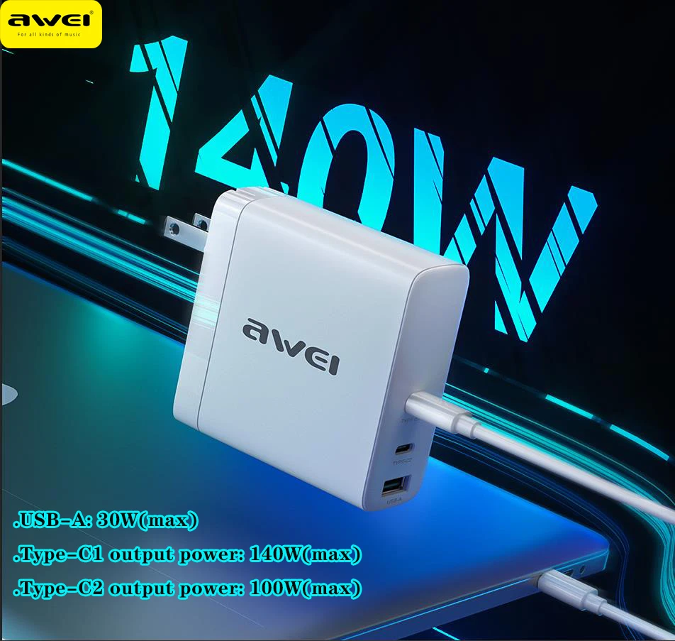 

Awei PD21 GaN 140W Max Type C PD Fast Charger For iPhone Samsung Xiaomi For Macbook Pro Laptop Tablet Quick Charging adapter