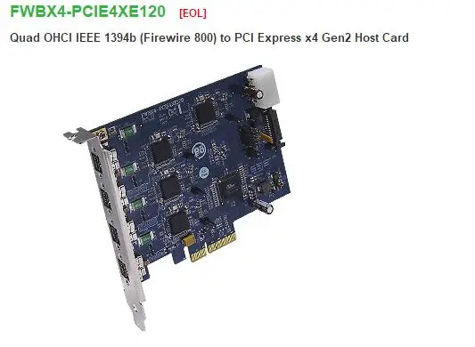 FWBX4-PCIE4XE120 Quad OHCI IEEE 1394b (Firewire 800) to PCI Express x4 Gen2 Host Card