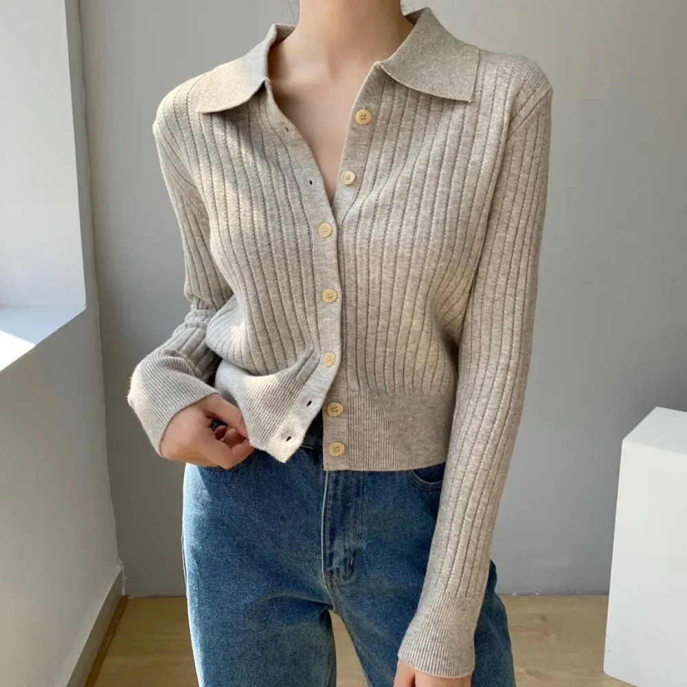 

Knitted POLO Shirt for Women with Long Sleeves 2023 New Cardigan Splicing Outer Layering Literary Commuting Top for Women