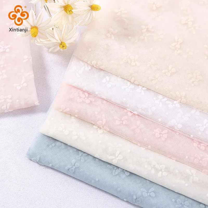 

Bow Knot Dress Tulle Children's Clothing Summer Nylon Knitted Flocking Lace Mesh Fabric 0.5 Yards Bridal Wedding Decoration