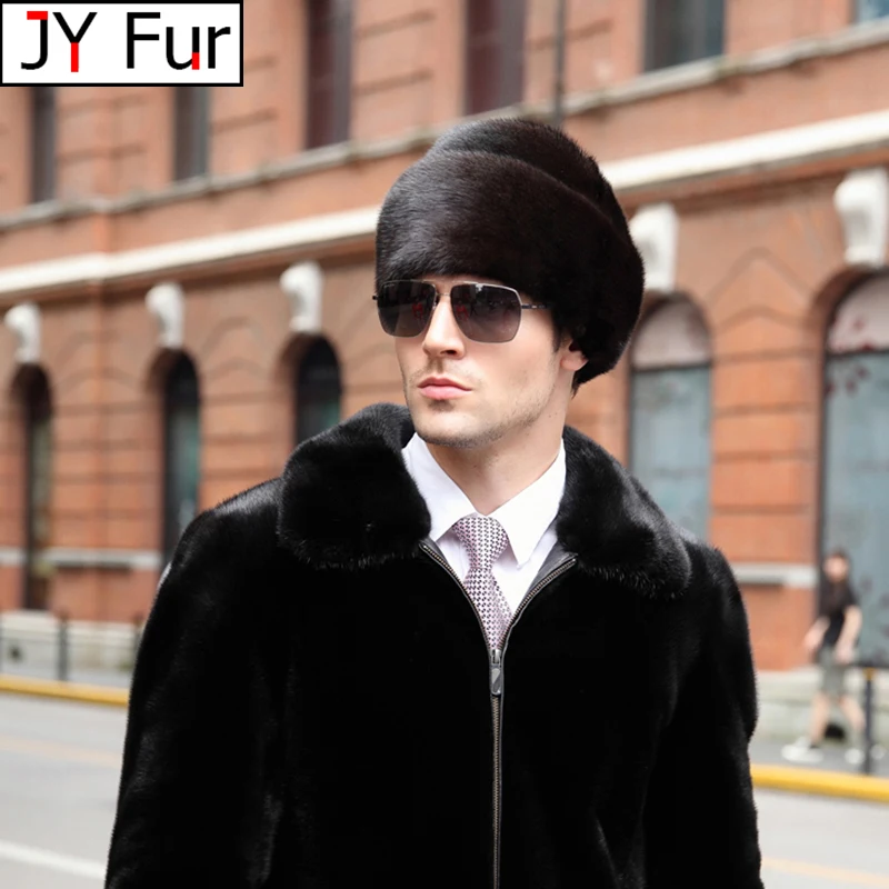 Hat Winter Men Real Mink Fur Cap Mens Winter Caps Mens Beanie Black Brown Russian Men Warm Knitted Hats Oversized