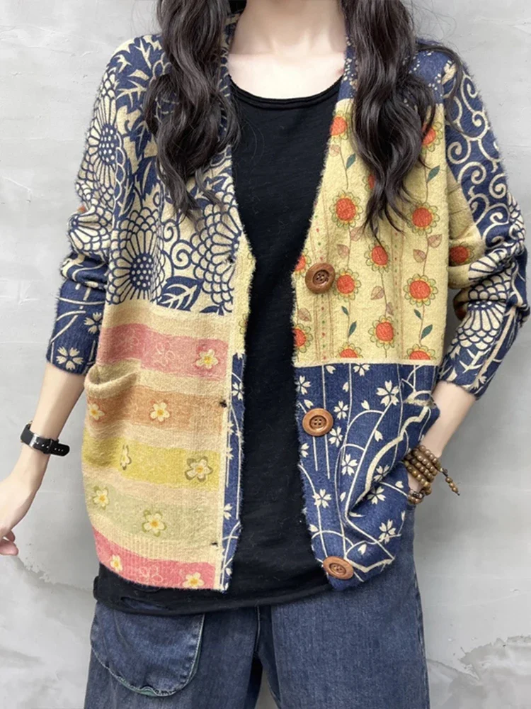 Женский Винтажный Кардиган С Цветочным Принтом Свитер V-образным Вырезом