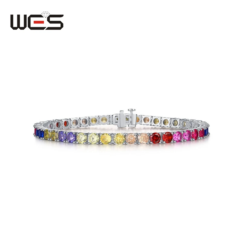 

WES 925 Sterling Silver Bracelet for Women Rainbow Crystal Colorful Zicron 4*4mm Anniversary Engagement Gift Fine Jewelry