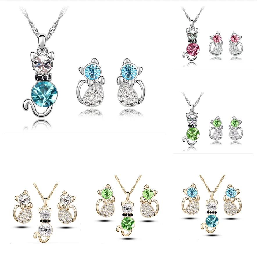 

2022 New Ladies Set Jewelry Exquisite Cartoon Good Cat Gold Earrings Necklace Set Fashion Temperament Explosive Accessories