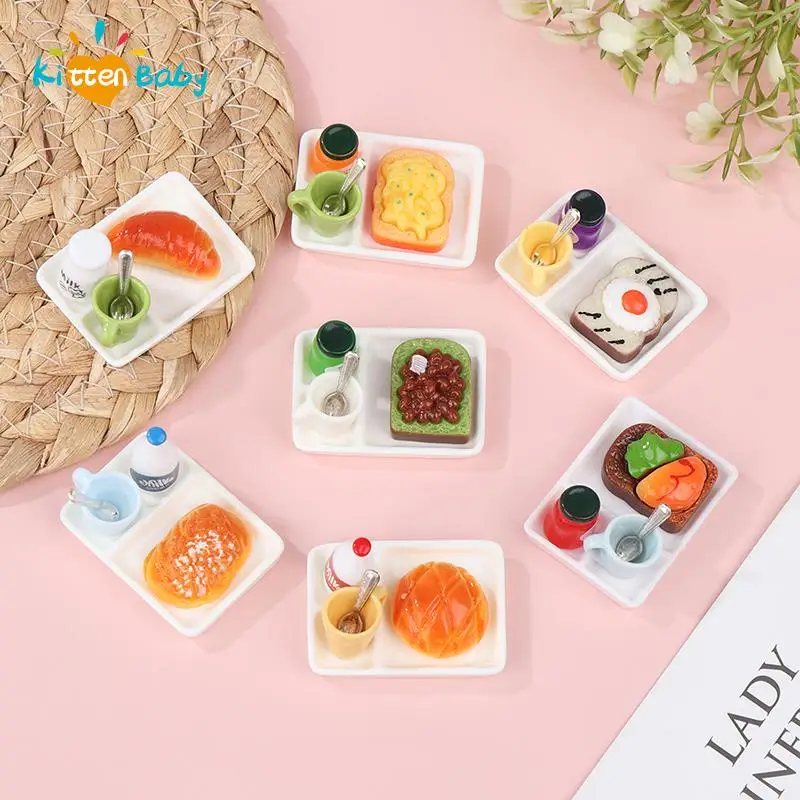 

1 Set Dollhouse MIniature Toast Bread Jam Food Model Dinner Plate Cup Spoon For Doll House Play Kitchen Accessoreis