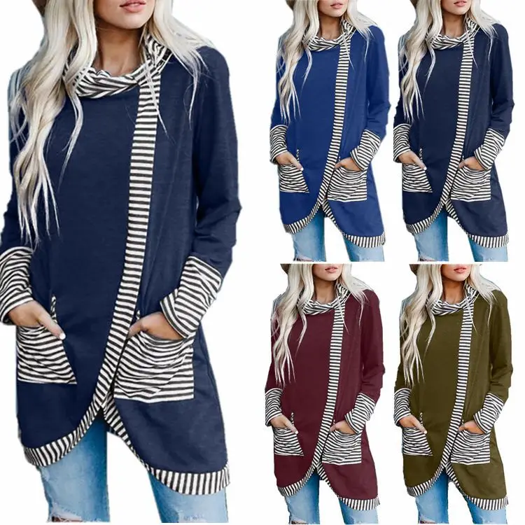 

Autumn Blouse Women's Striped Spliced Pullover Tops 2021 Fashion Long Sleeve Pocket Decoration Female Hem Irrgular Casual Shirt
