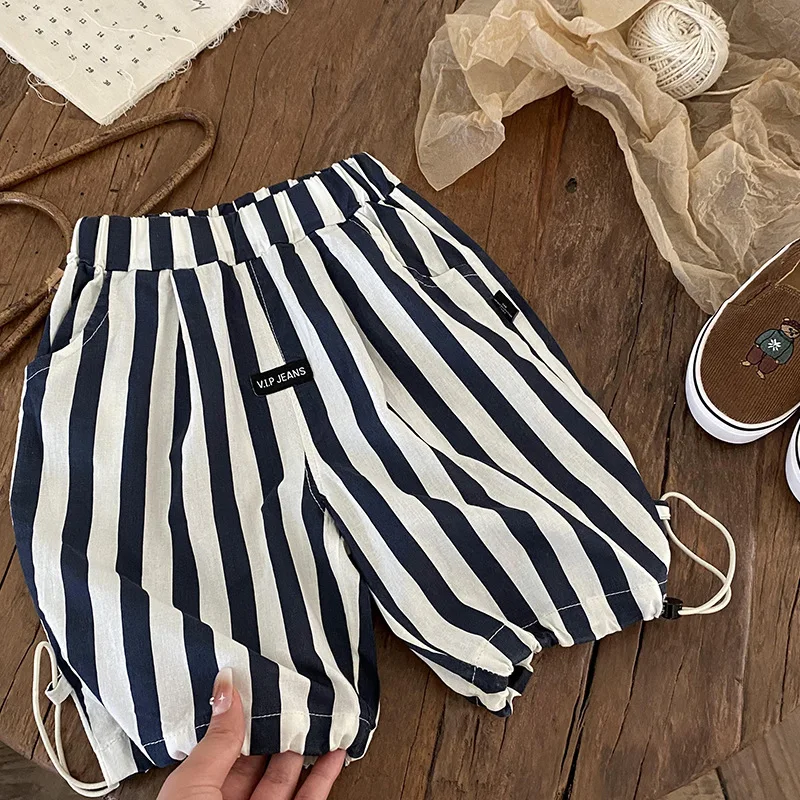 

Summer 2023 New Boys' Vertical Striped Shorts Children's Summer Clothing Pants Baby Thin Casual Cropped Pants