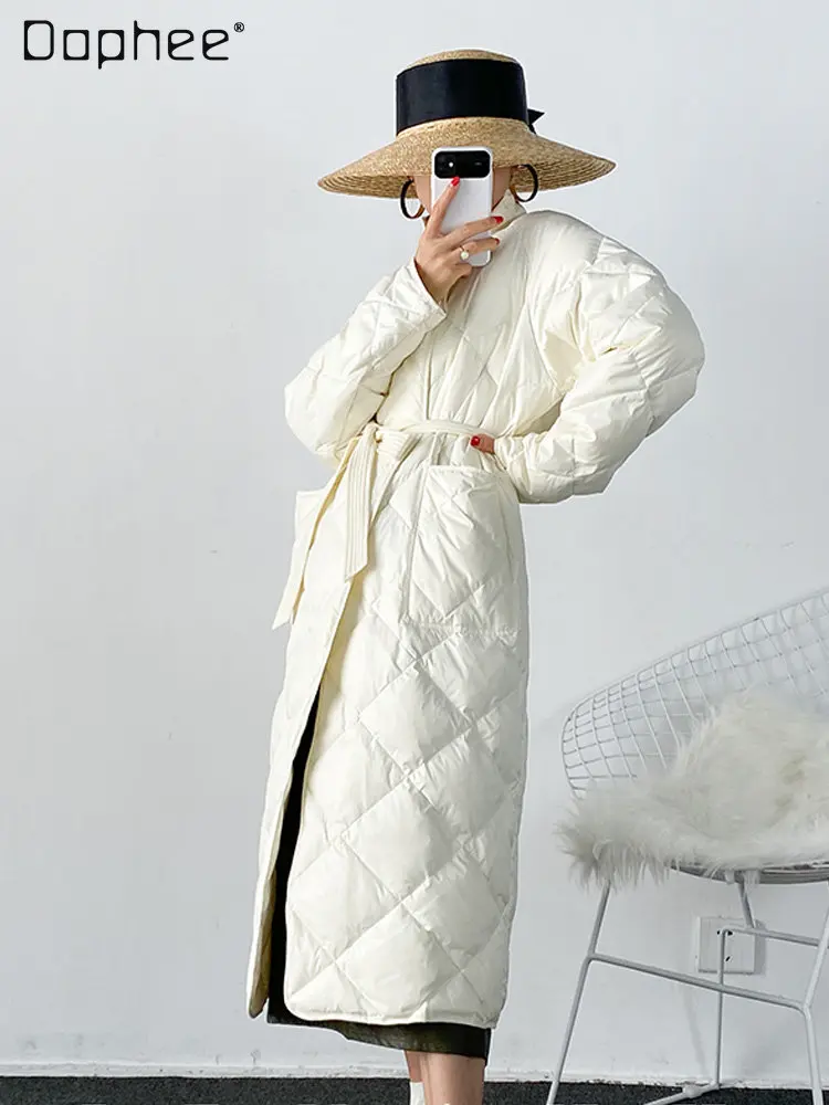 

Women's Mid-Length Lightweight Down Coat Autumn and Winter New Design Sense Waist-Controlled Lace-up Cotton Coat Parkas Jacket