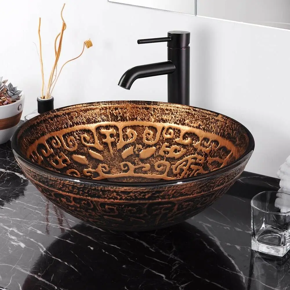 

Round Glass Vessel Sink Bathroom Durable Sink with Antique and Artistic Look