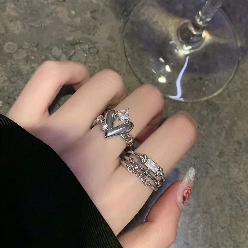 

Punk Goth Love Heart Multilayer Zircon Silver Color Finger Rings For Women Kpop Style Egirl Grunge Aesthetic Y2K 90s Jewelry