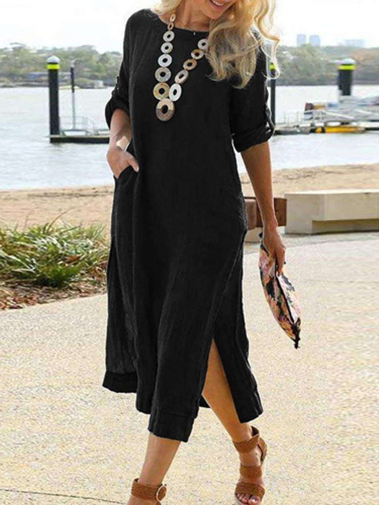 

Summer Short Sleeve Crew Neck Pullover Streetwear Dress 2022 Lady Holiday Solid Color Split Long Dress Women Casual Loose Dress