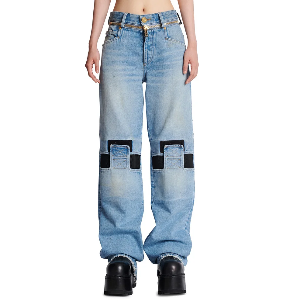 Blue Waist Zipper Splicing Cotton Women's Jeans 2023 Spring And Summer New Fashion Personality Versatile Y2k Wide Leg Pants
