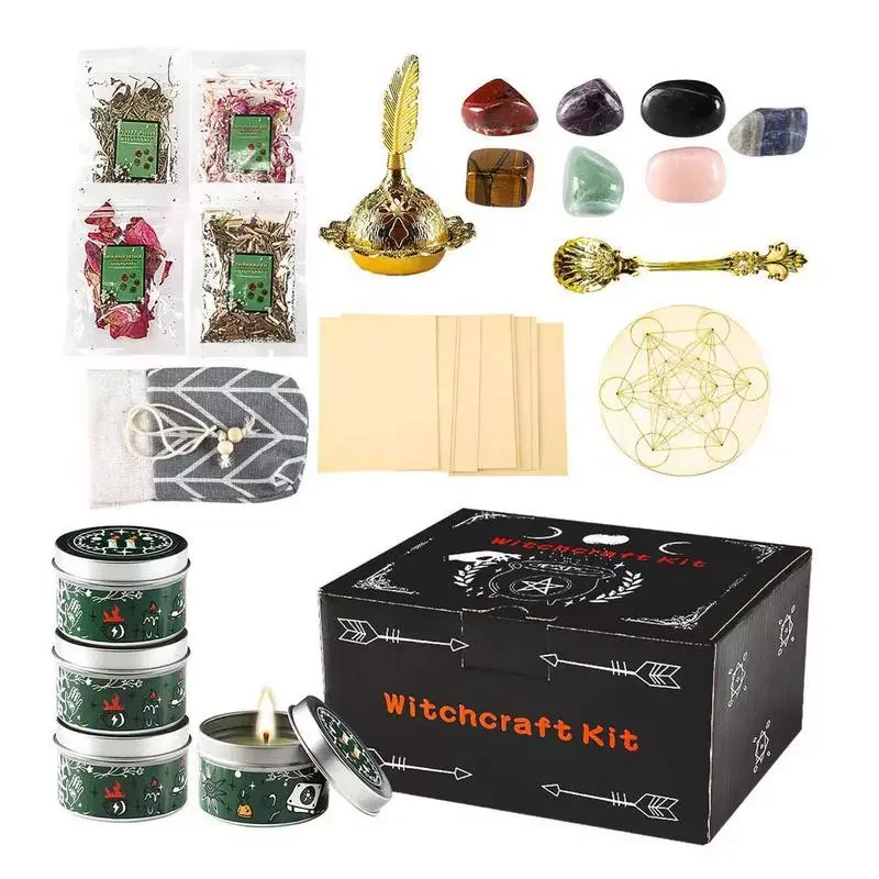 

Witchcrafts Supplies Kit Dried Herbs Healing Crystals And Colored Magic Spiritual Candles Parchments Western Atmosphere