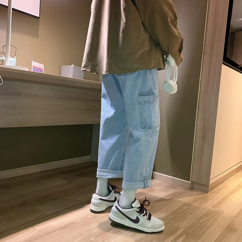 Blue Black Pocket Cargo Jeans Men Fashion Casual Wide Leg Jeans Men Streetwear Loose Hip Hop Straight Denim Pants Mens Trousers