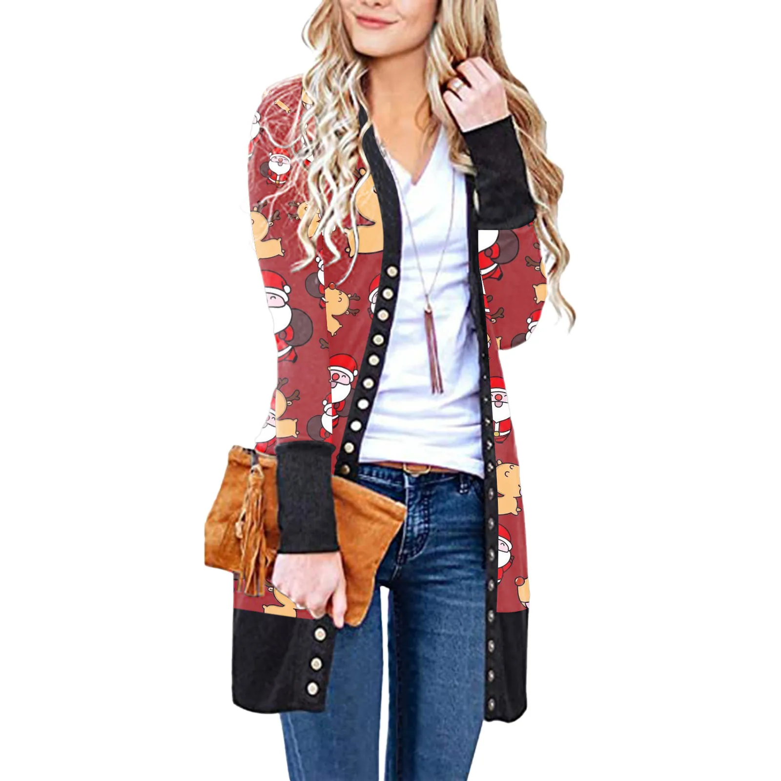 

Ladies Christmas Deer Head Jacket Stitching Knitted Color Button Pocket August Silk Cardigans for Women Olive Sweaters for Women