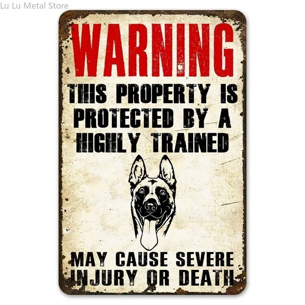 

Warning This Property Is Protect By Belgian Malinois Dog Tin a Vintage Farm Decor Art Pet Lover Tin Metal a Zoo Bar
