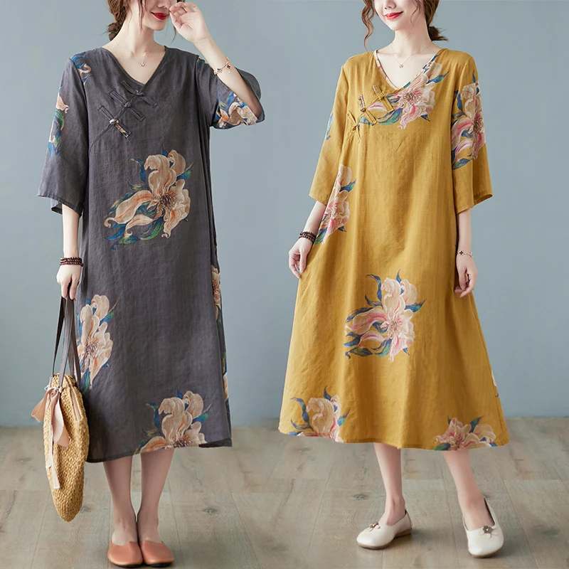 

Cotton Linen Five Sleeve Dress Women's Summer National Style Retro Disc Buckle Loose V-neck Slim A-line Printed Long Skirt