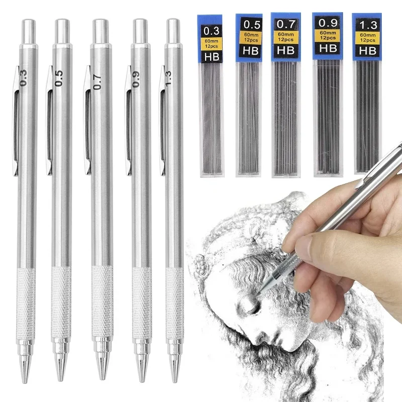 S Kit With Lead Refills Student Writing Drafting Art Supplie 0.3/0.5/0.7/0.9/1.3/2.0mm Automatic Pencil