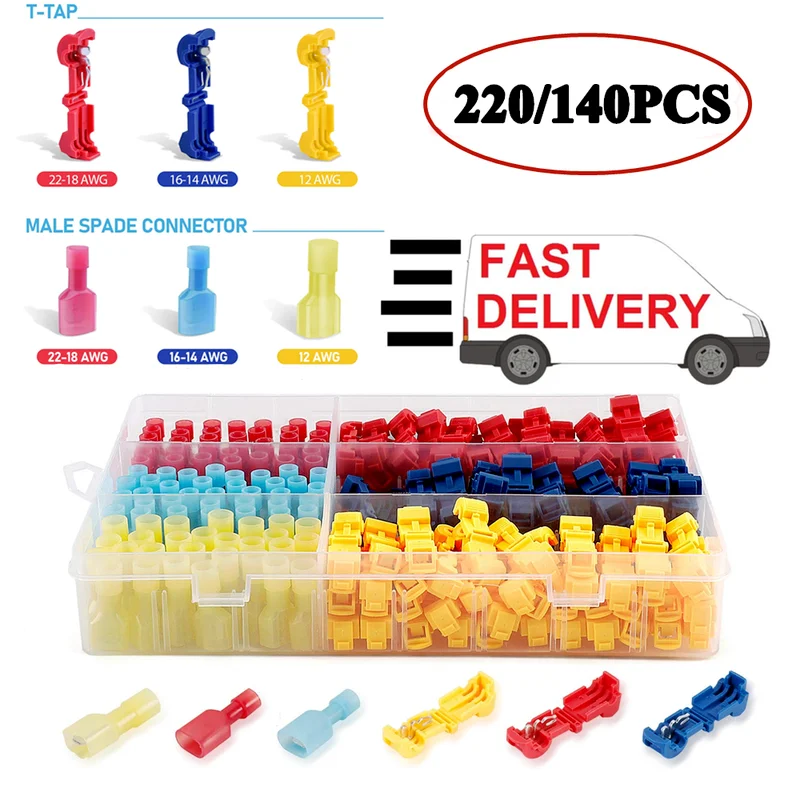 

220PCS T Tap Wire Connectors,Self-Stripping Quick Splice Electric Wire Terminals, with Insulated Male Quick Disconnect Terminals