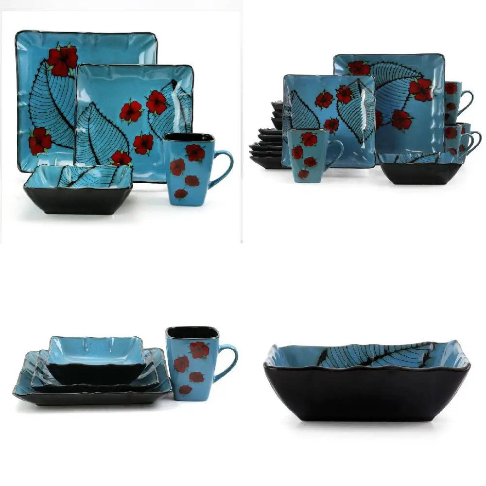 

TIDE 16-Piece Beautiful Floral & Blue Stoneware Square Dinnerware Set - Perfect for All Occasions!