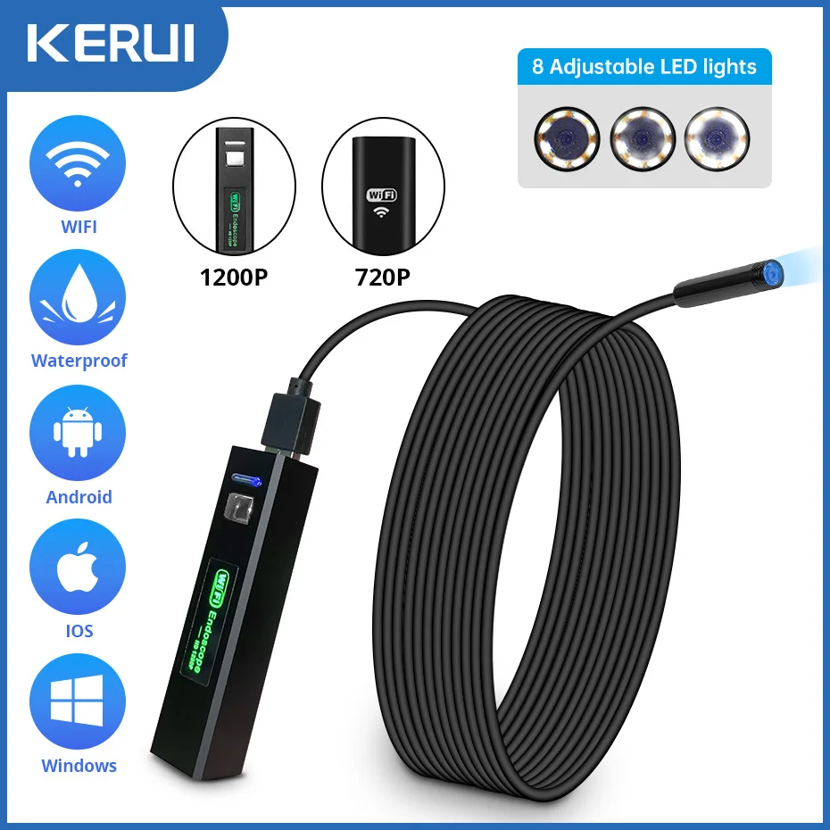 

KERUI 1200P WiFi Endoscope Camera Waterproof Inspection Snake Mini Camera USB Borescope for Car for Iphone & Android Smartphone