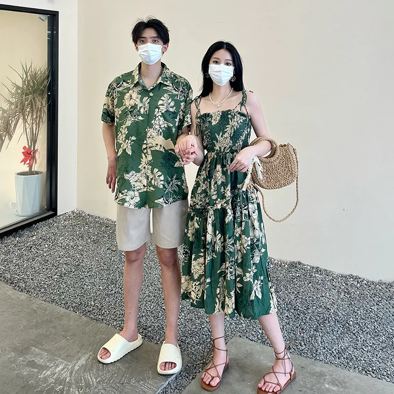Семейная пляжная одежда для отдыха парная отпуска платье мамы и дочери зеленое