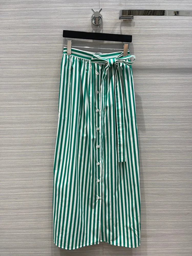 

High-end Vintage Striped Print Long Skirts for Women Top Quality High Waist A-line Summer Skirt 2022 Casual Loose Cotton Skirt