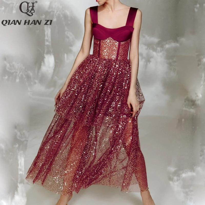 

QHZ Designer Fashion Summer Spaghetti Strap Dress for women sexy perspective mesh sequins Slim Cascading Ruffle Midi Dress