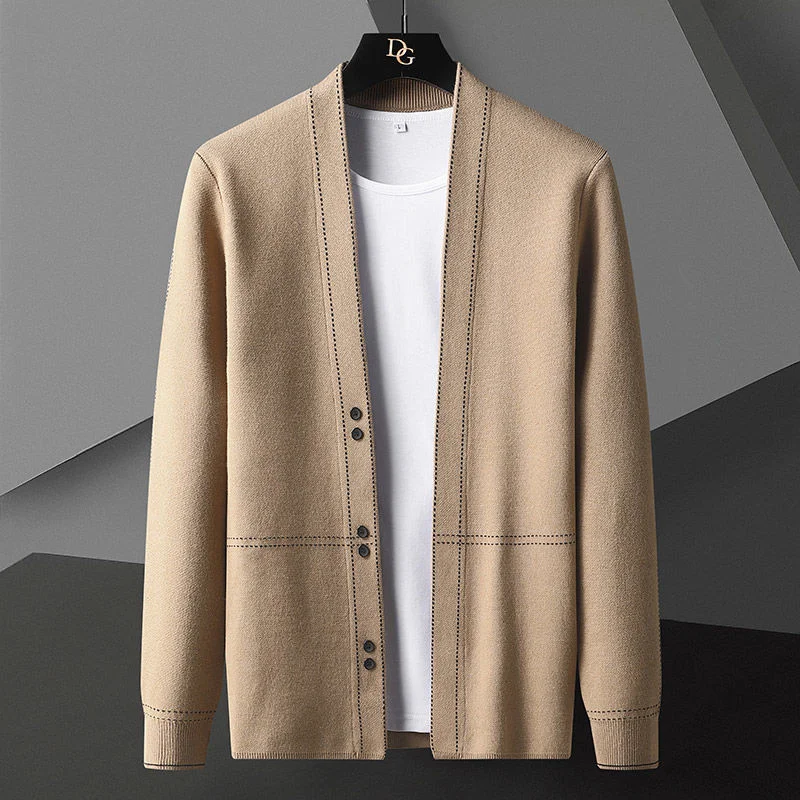 2023 Fall Solid Color Knit Casual Coat Korean Khaki Black Gray Cardigan Jacket Men Clothing