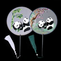 chinoiserie handmade double sided embroidery panda bamboo peach tree tassel long handle round fan cheongsam dance fan home decor