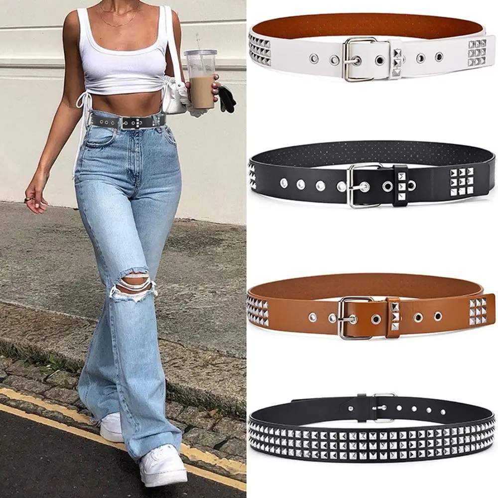 Men Women Metal Button Adjustable Jeans Studded Belt PU Leather Square Beads Waistband