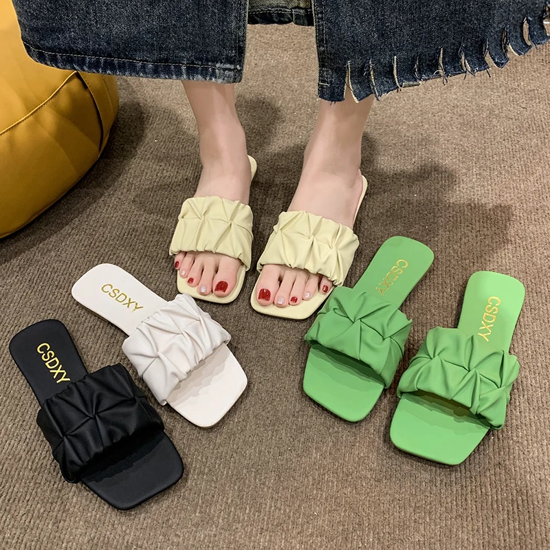 Pleated Women Slippers Summer 2023 New Flat Outdoor Slippers For Women Flip Flops Green Non-Slip Sandals Trend Big Size 42