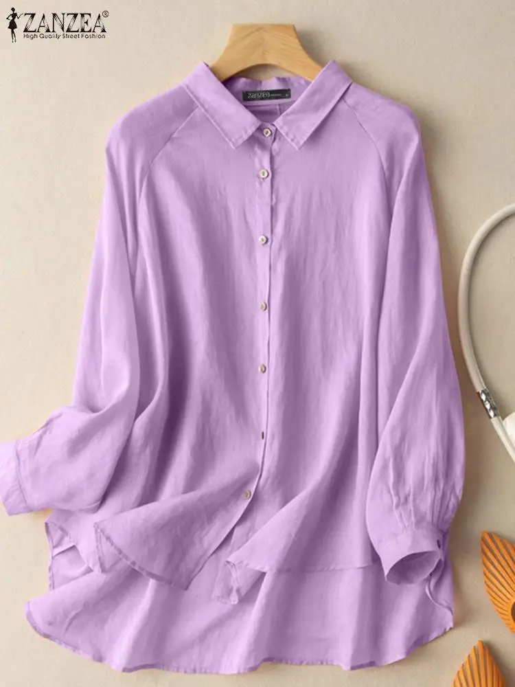 

Женские рубашки с длинным рукавом, винтажные однотонные Свободные топы ZANZEA, повседневные офисные дамские рубашки в стиле ретро, топы, туник...