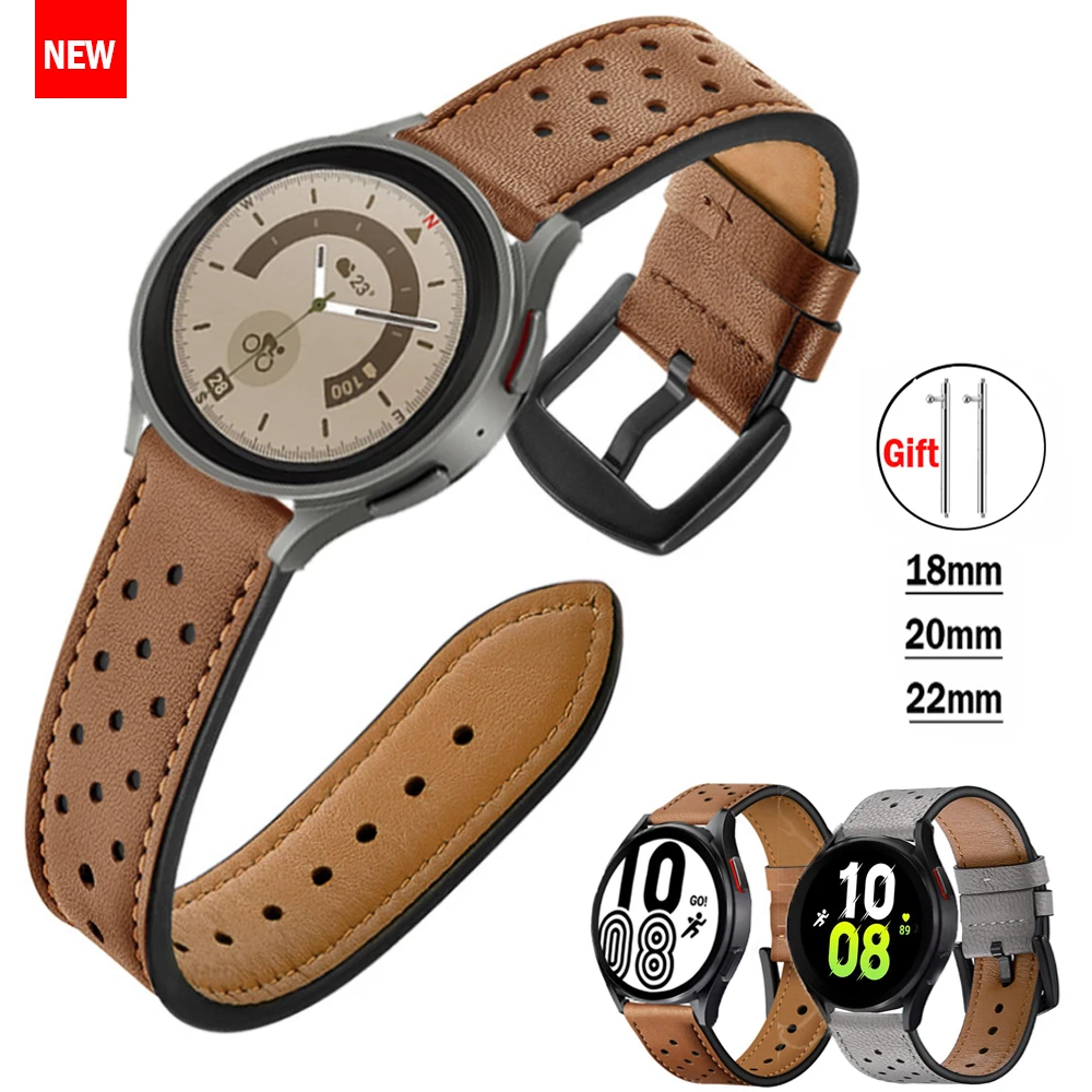 Leather Band for Samsung galaxy watch 5/pro/4/Classic/Active 20/22mm Genuine Hole bracelet Huawei gt/Amazfit gts-gtr-3-2e strap