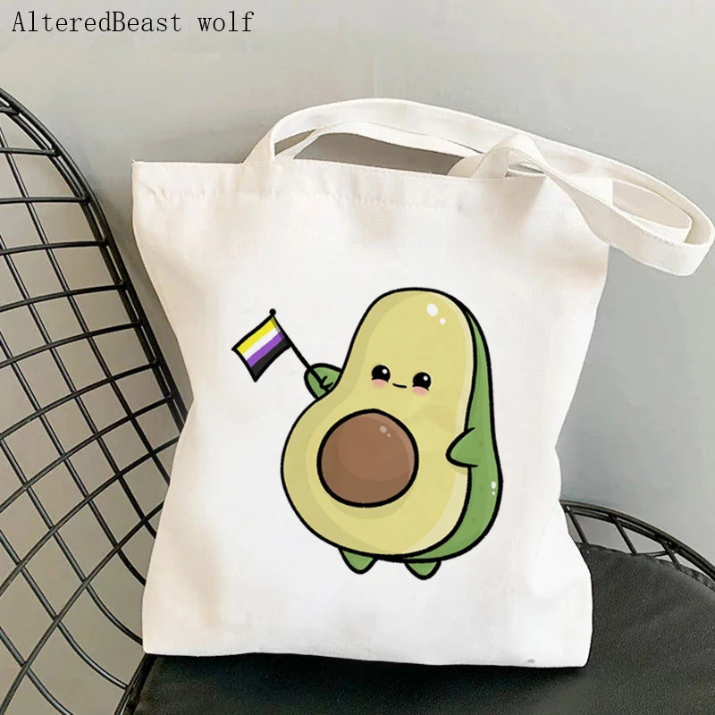 

Women's Shoulder Bag Cute Avocado Nonbinary Flag Printed Kawaii Canvas Bag Harajuku Shopping Shopper Bag girl handbag Bag