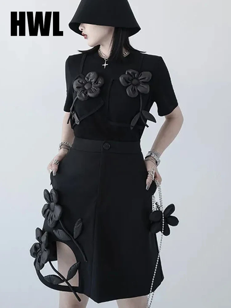 Two Piece Shorts Set Spliced Flower short-sleeved T-shirt women 2022 Loose Chic Top With Skirt Suit
