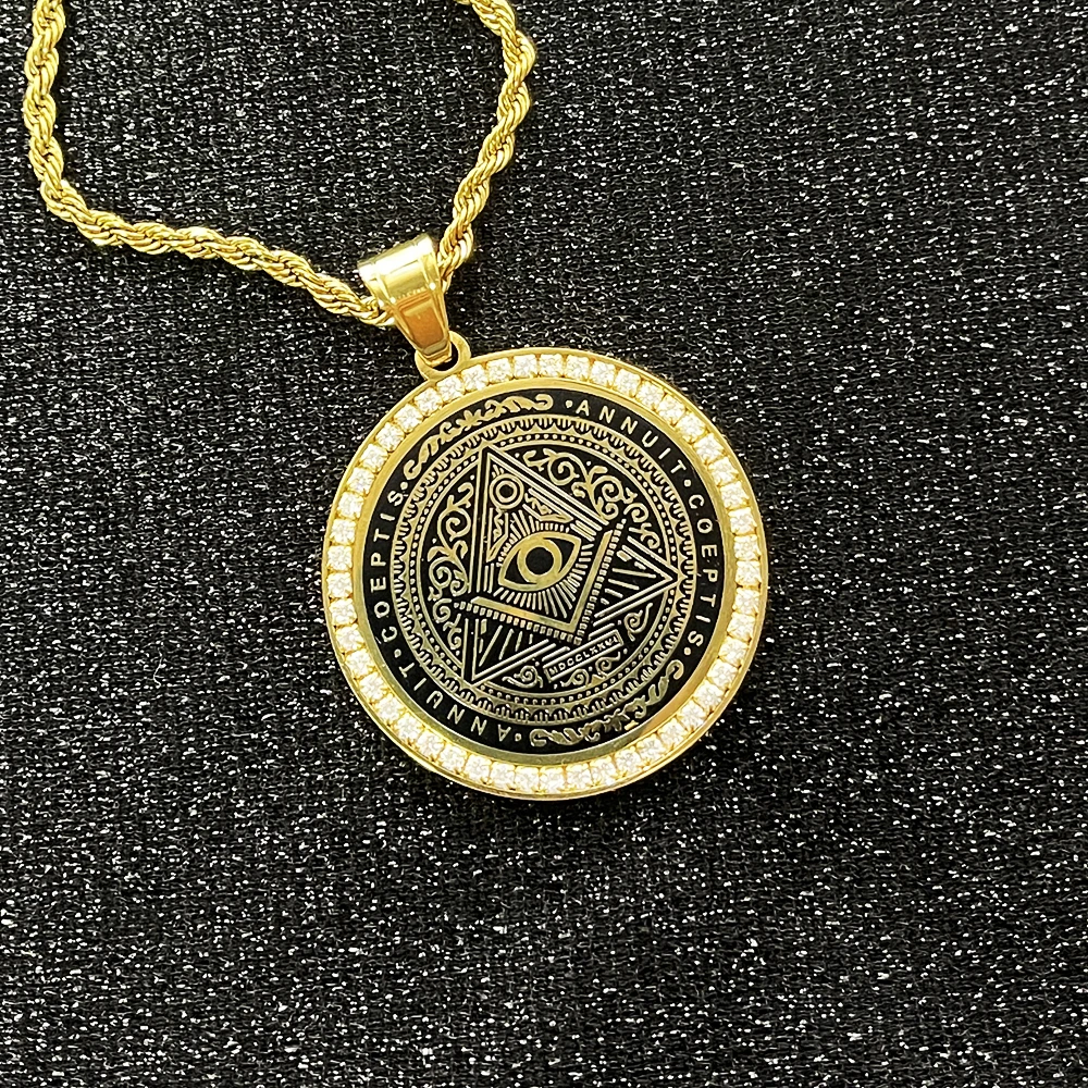 Hip Hop Mens Freemason gold color Pendant Necklace with zircon  Rhinestone Illuminati All-seeing Eye Coins Round Charming