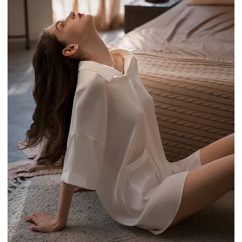 CAIYIER New Winter Sexy Cardigan Nightdress Short Sleeve V-Neck Silk Nightgowns Soft Sleepdress Lingerie For Ladies Nighty Dress