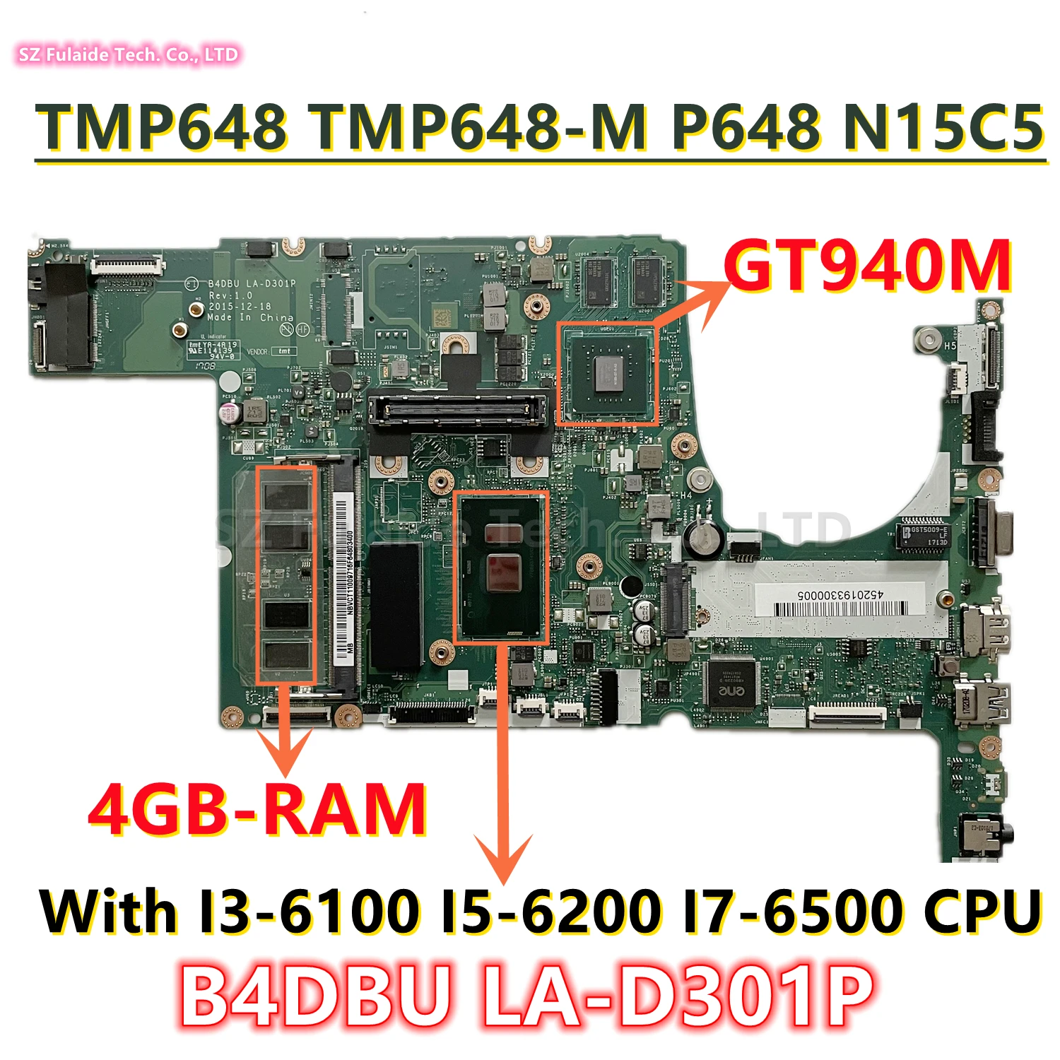 

LA-D301P для Acer Travelmate TMP648 TMP648-M P648 N15C5 материнская плата для ноутбука с I3-6100 I7-6500 CPU GT940M GPU 4GB-RAM